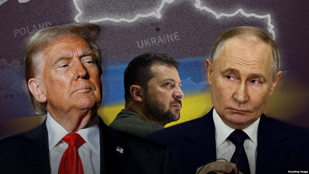 Американскиот претседател Доналд Трамп(лево), украинскиот претседател Володомир Зеленски и рускиот претседател Володомир Зеленски(десно)