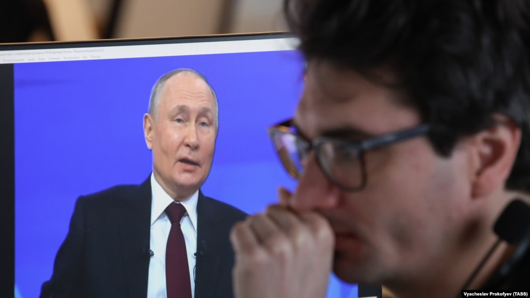 Prenos godišnje gonferencije za novinare ruskog predsednika Vladimira Putina, Moskva, 14. decembar 2023.