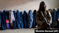 ارشیف: یو طالب د هغو اړمنو ښځو مخ ته ولاړ دی چې د بې وزلۍ له کبله مرستو ته ولاړې دي.