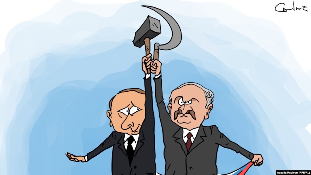 Aleksandr Lukașenko este un apropiat al lui Vladimir Putin. Belarus (poziționată în nordul Ucrainei) a pus la dispoziția Kremlinului teritoriul și forțele pentru invadarea Ucrainei. Caricatură realizată de Gunduz Agayev