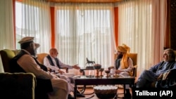 پخوانی ولسمشر حامد کرزی او یو شمېر نور پخواني چارواکي له طالب استازي انس حقاني سره - ارشیف