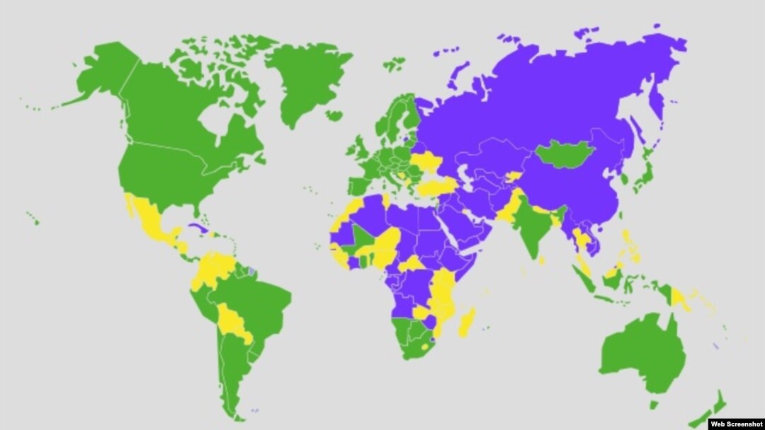 Mapa FH o slobodama u svijetu u 2012. godini (ljubičasta boja - neslobodne, žuta - djelomično slobodne, zelena - slobodne)